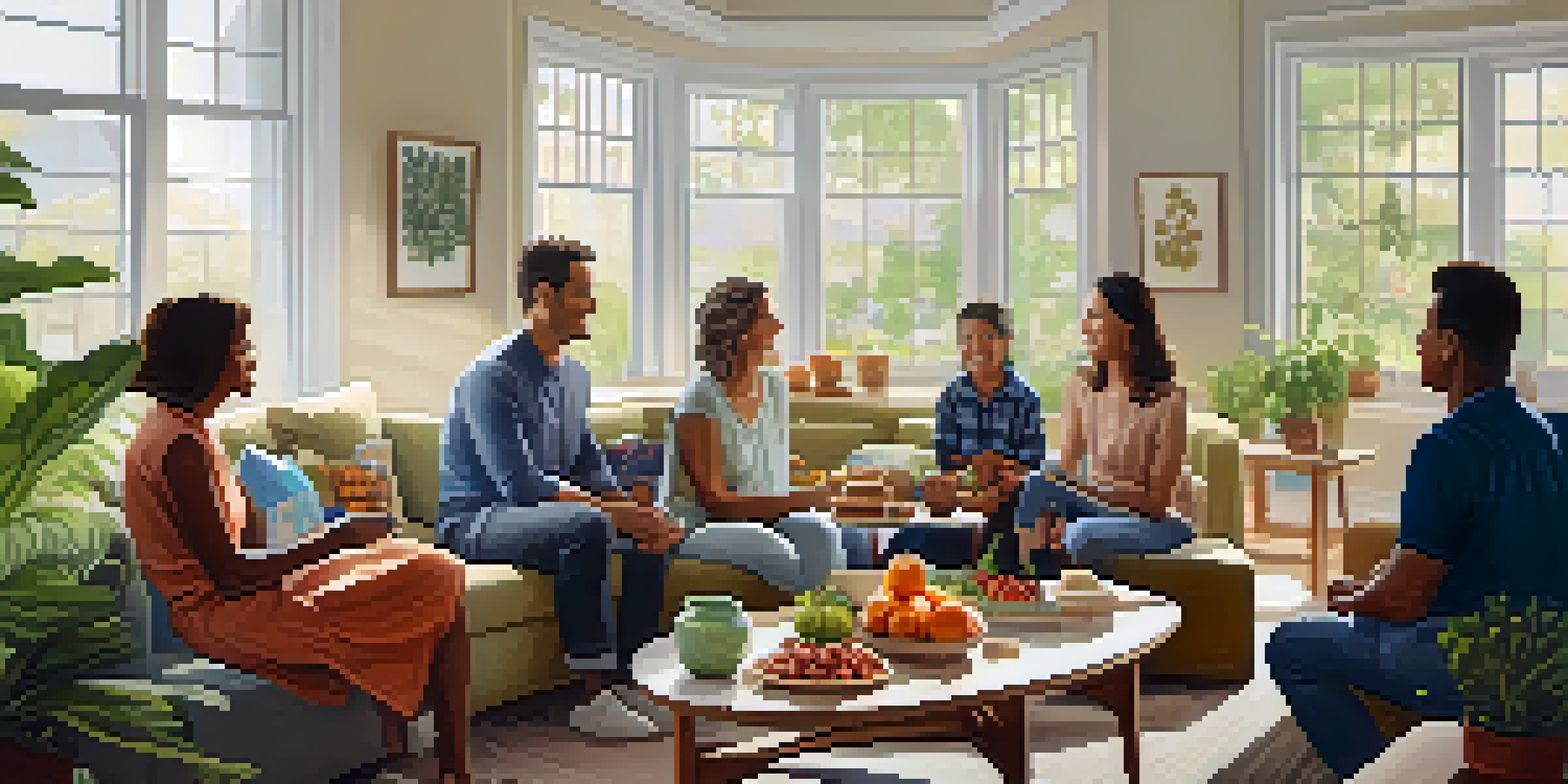 A family gathering in a bright living room with sunlight, healthy snacks, and family photos on the walls.