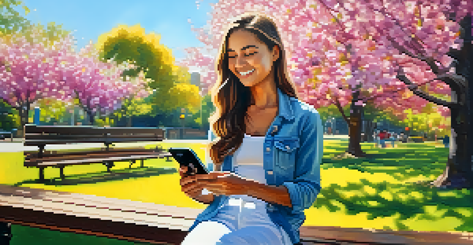 A young woman smiling at her phone while sitting on a bench in a vibrant park.