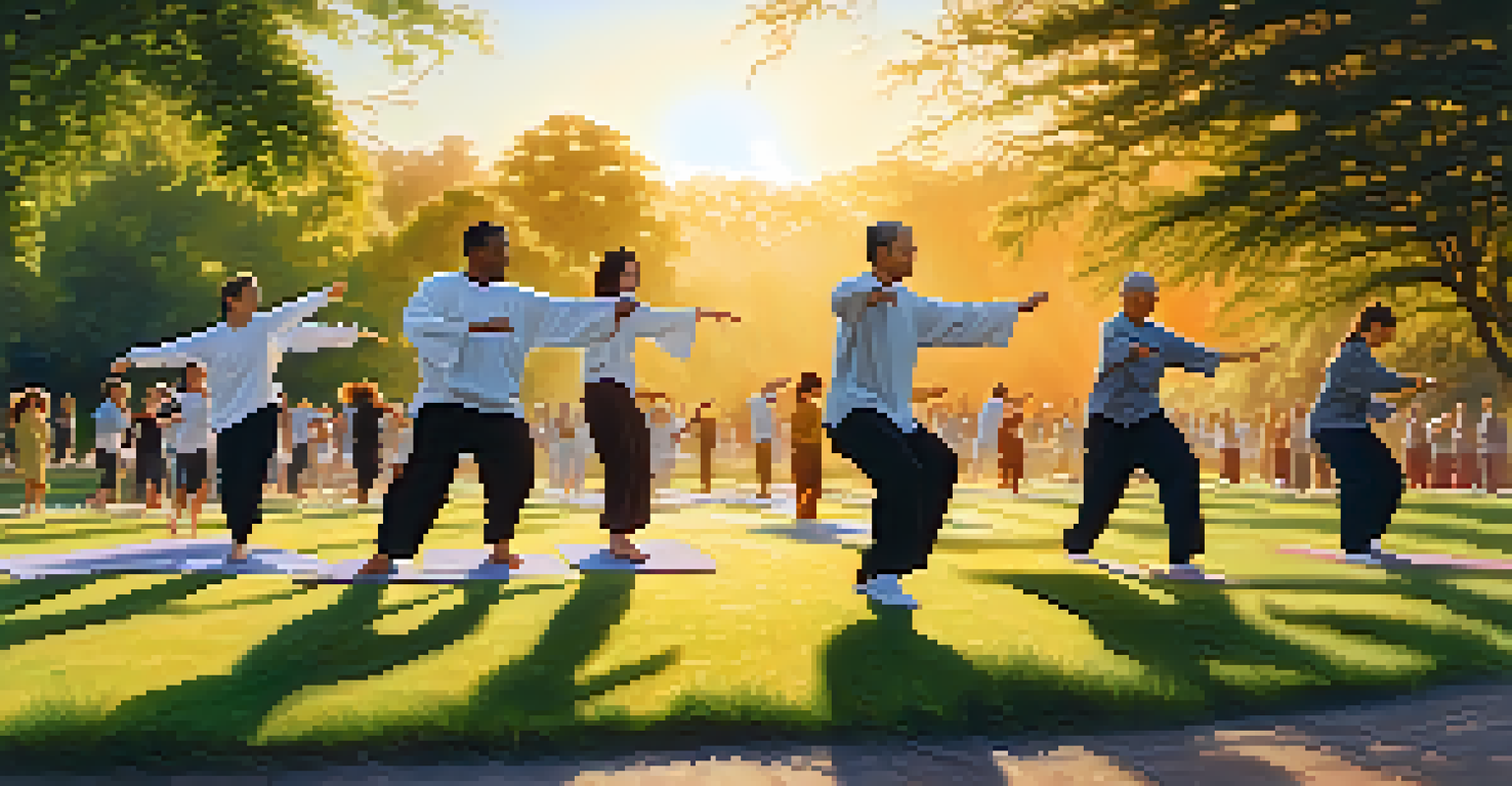 A group of people practicing Tai Chi in a park during sunset, with soft light illuminating the scene.