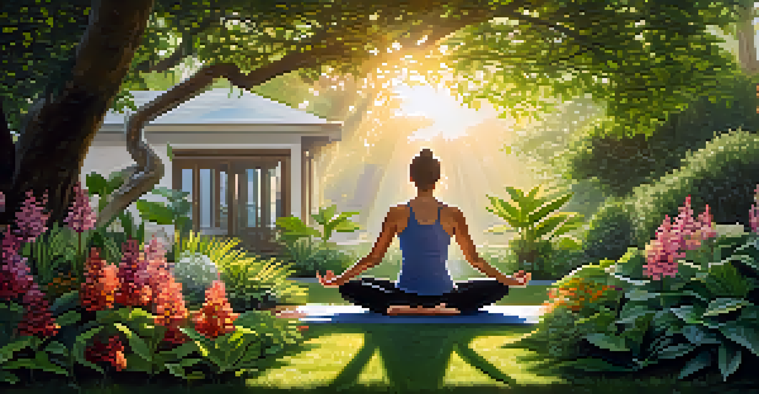 A person practicing yoga in a peaceful garden surrounded by plants and flowers, with the morning sun rising in the background.