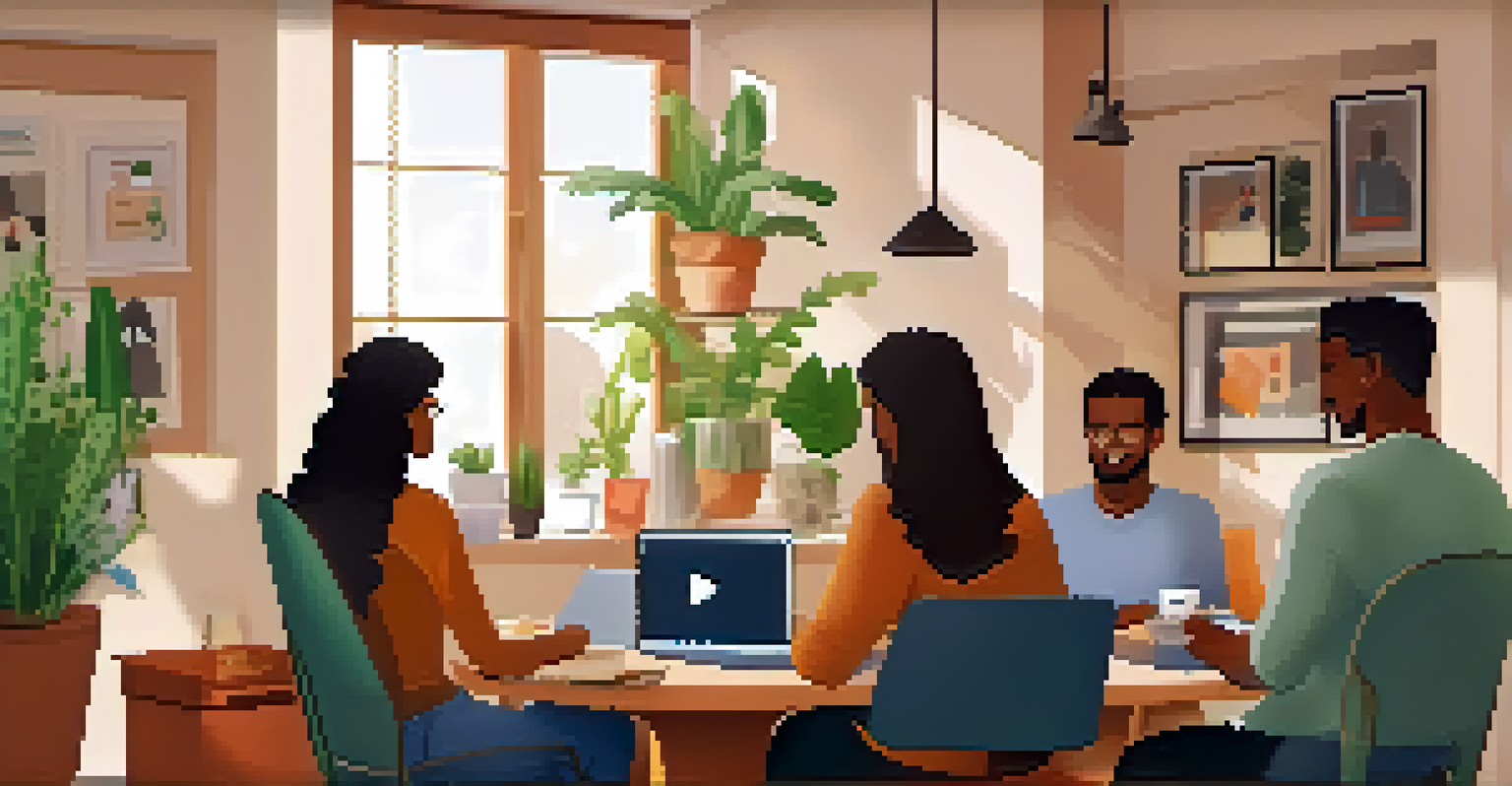A laptop displaying a group video call, with individuals sharing stress management tips in a cozy, warmly lit room.