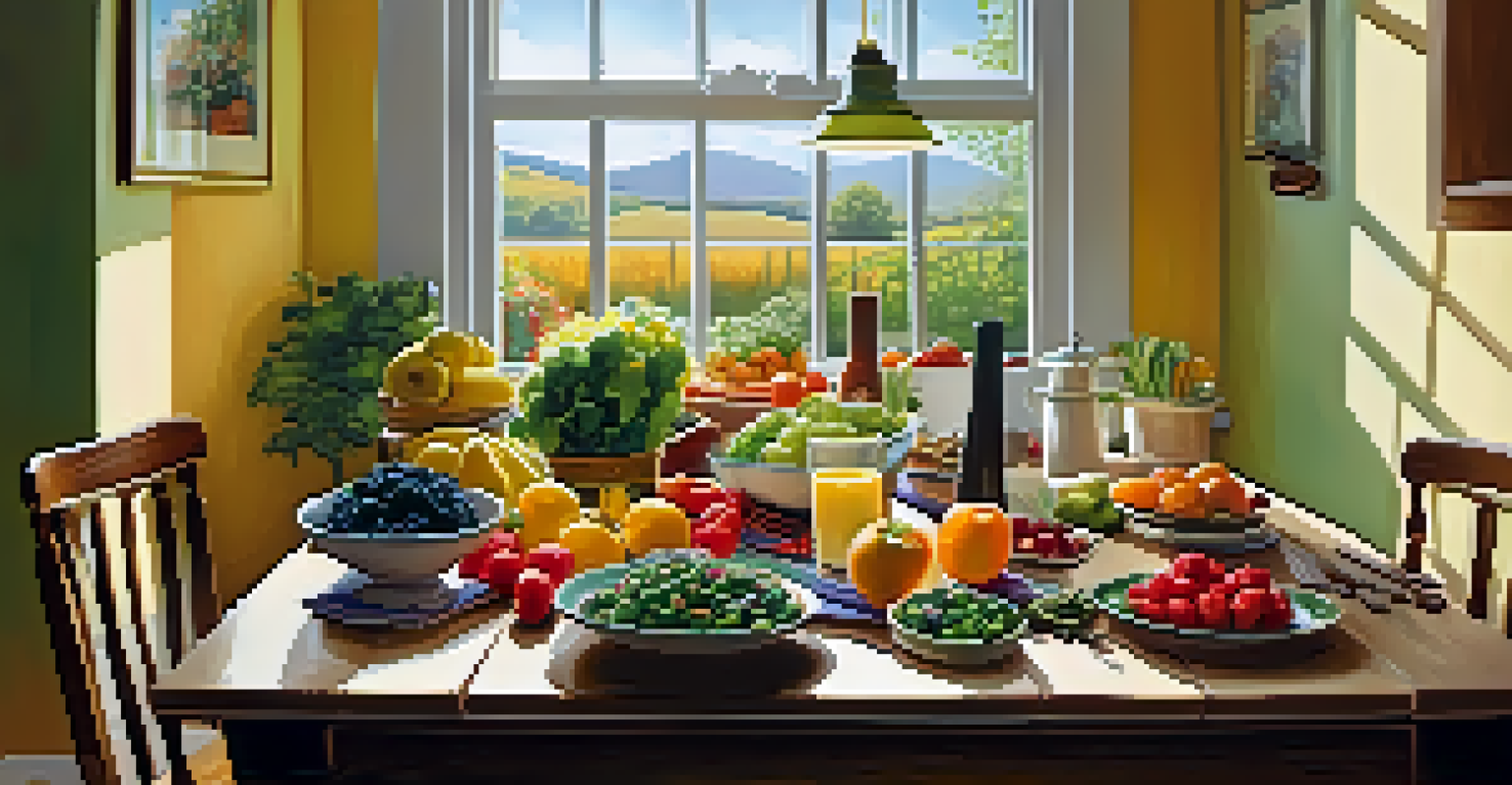 A cozy kitchen with a wooden table set with colorful fruits and vegetables, bathed in warm sunlight.