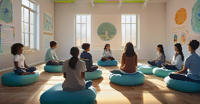 A peaceful classroom where students are practicing mindfulness, seated on cushions in a circle with soft lighting and calming decorations.