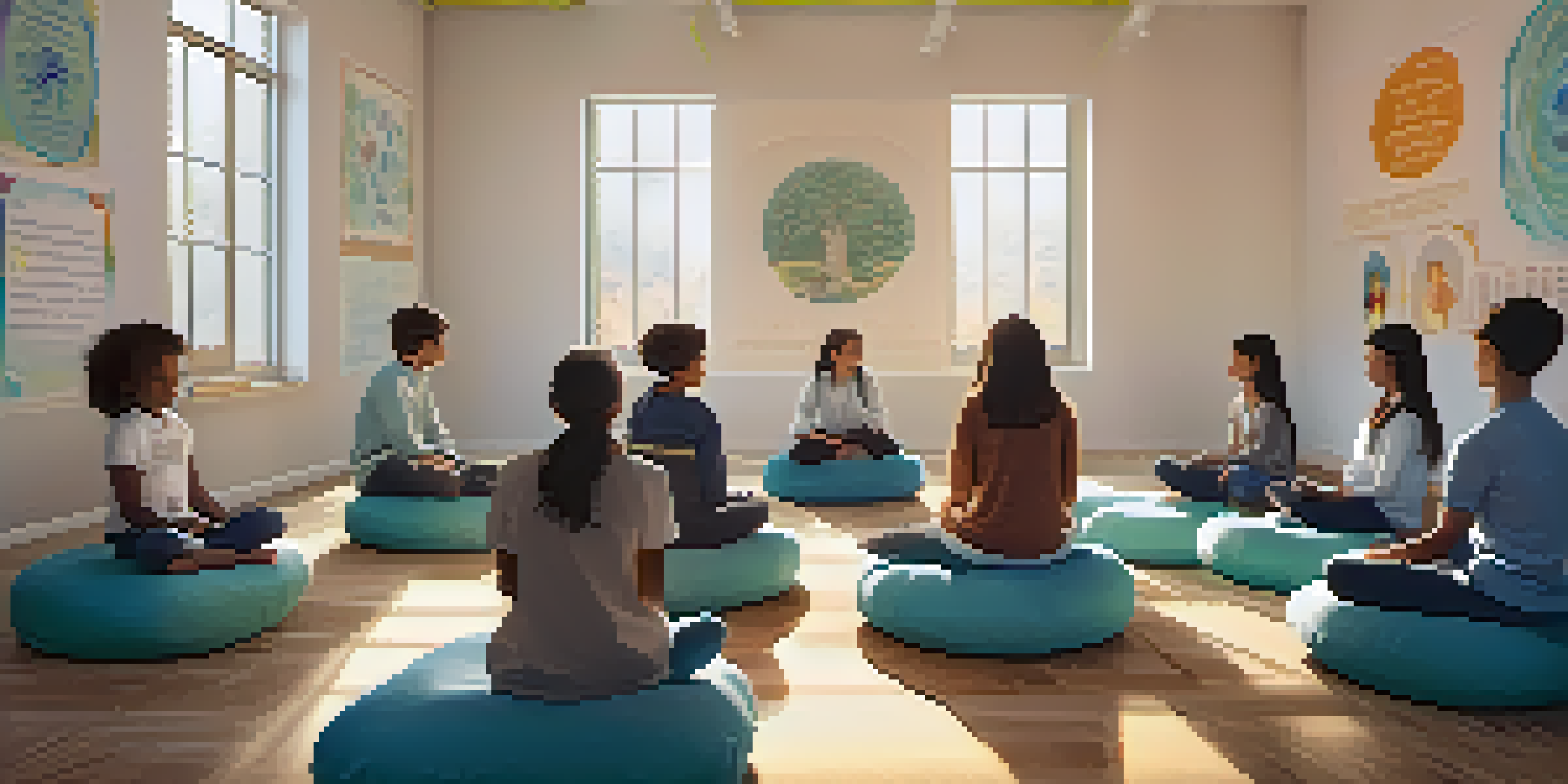 A peaceful classroom where students are practicing mindfulness, seated on cushions in a circle with soft lighting and calming decorations.