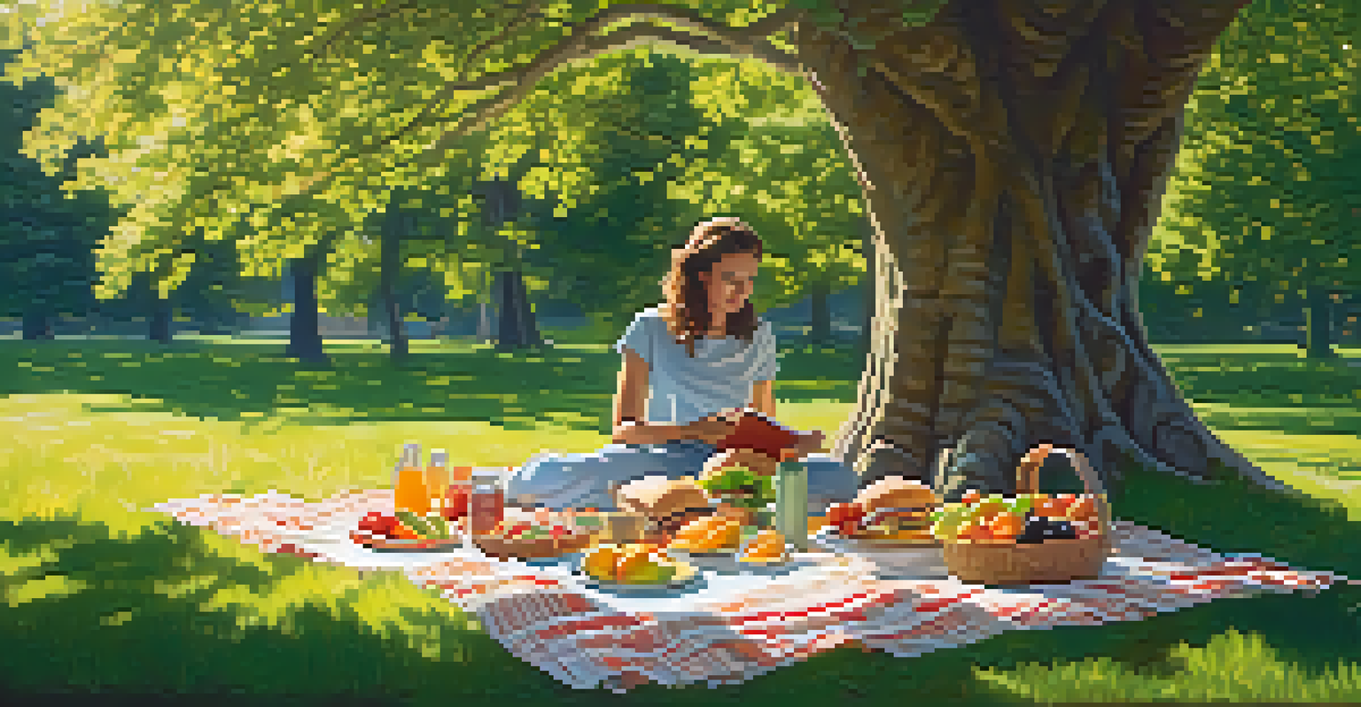 An outdoor picnic with healthy foods laid out on a blanket, and a person reflecting on their meal.