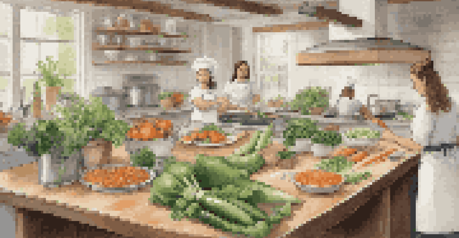 A beautifully arranged table with fresh ingredients for a cooking class, with a chef demonstrating in the background.