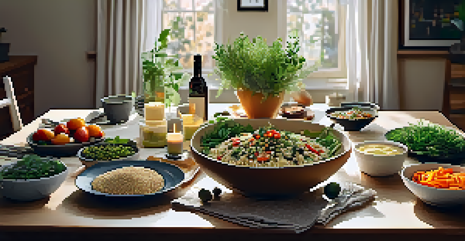 A dining table elegantly set with plant-based dishes, including quinoa salad and roasted vegetables, illuminated by soft candlelight.