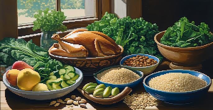 A still life of various foods rich in B vitamins, including brown rice, leafy greens, chicken breast, and nuts, arranged on a rustic wooden table with soft lighting.