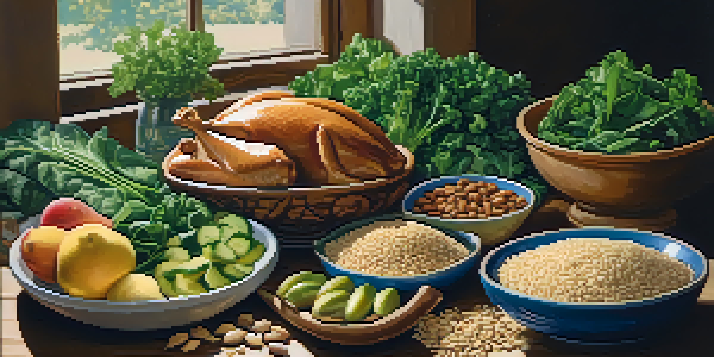 A still life of various foods rich in B vitamins, including brown rice, leafy greens, chicken breast, and nuts, arranged on a rustic wooden table with soft lighting.