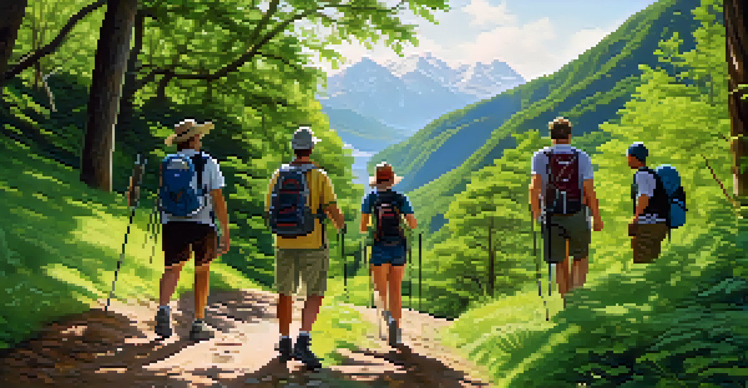 A diverse group of people enjoying a break on a hiking trail surrounded by nature, with sunlight filtering through the trees.