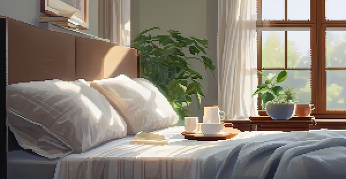 A cozy bedroom with soft morning light, a neatly made bed, a bedside table with a journal and tea, and a potted plant.