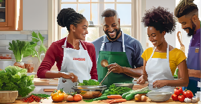 A diverse group of people cooking together in a bright kitchen, preparing healthy meals with fresh ingredients.