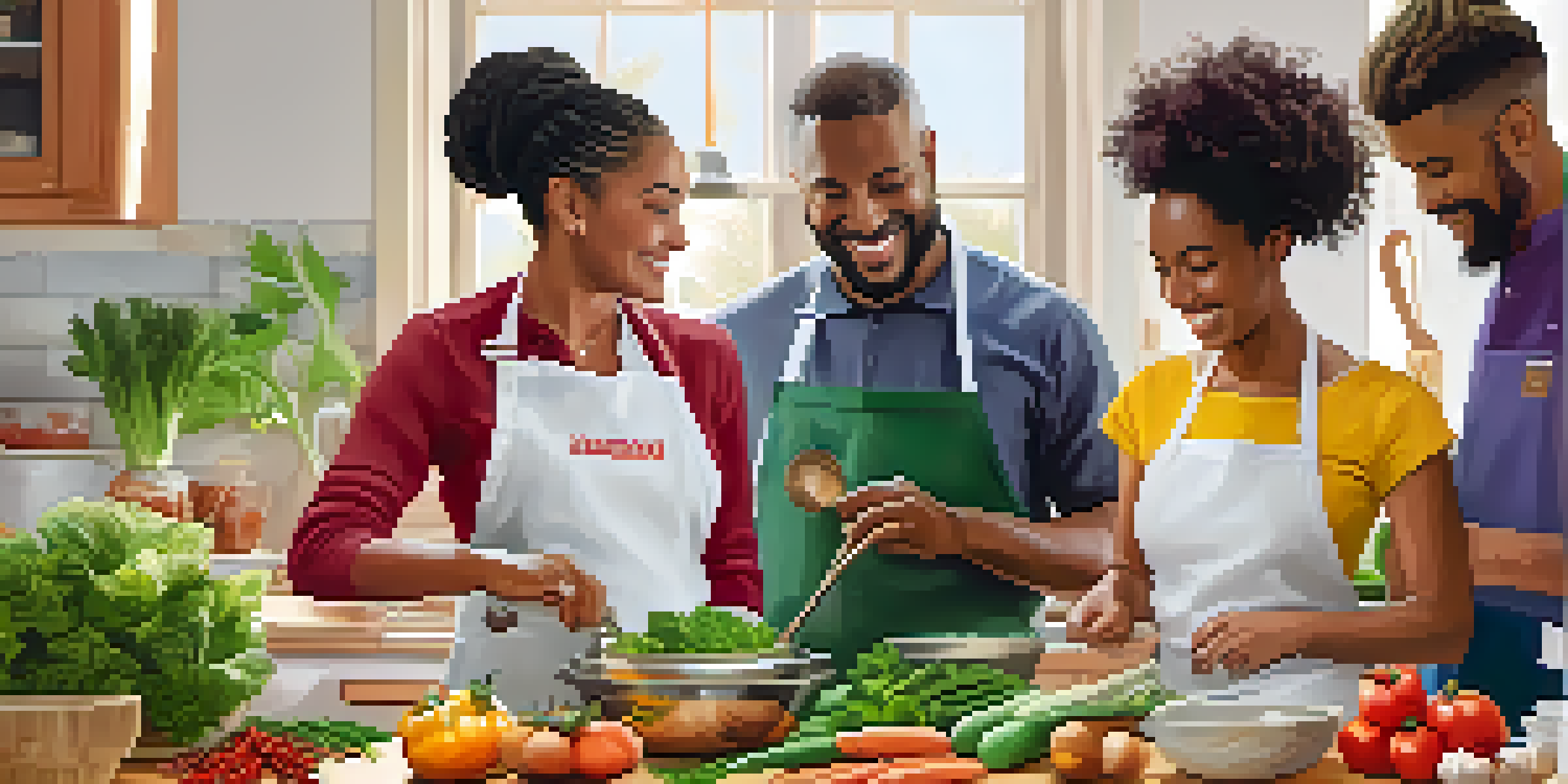 A diverse group of people cooking together in a bright kitchen, preparing healthy meals with fresh ingredients.