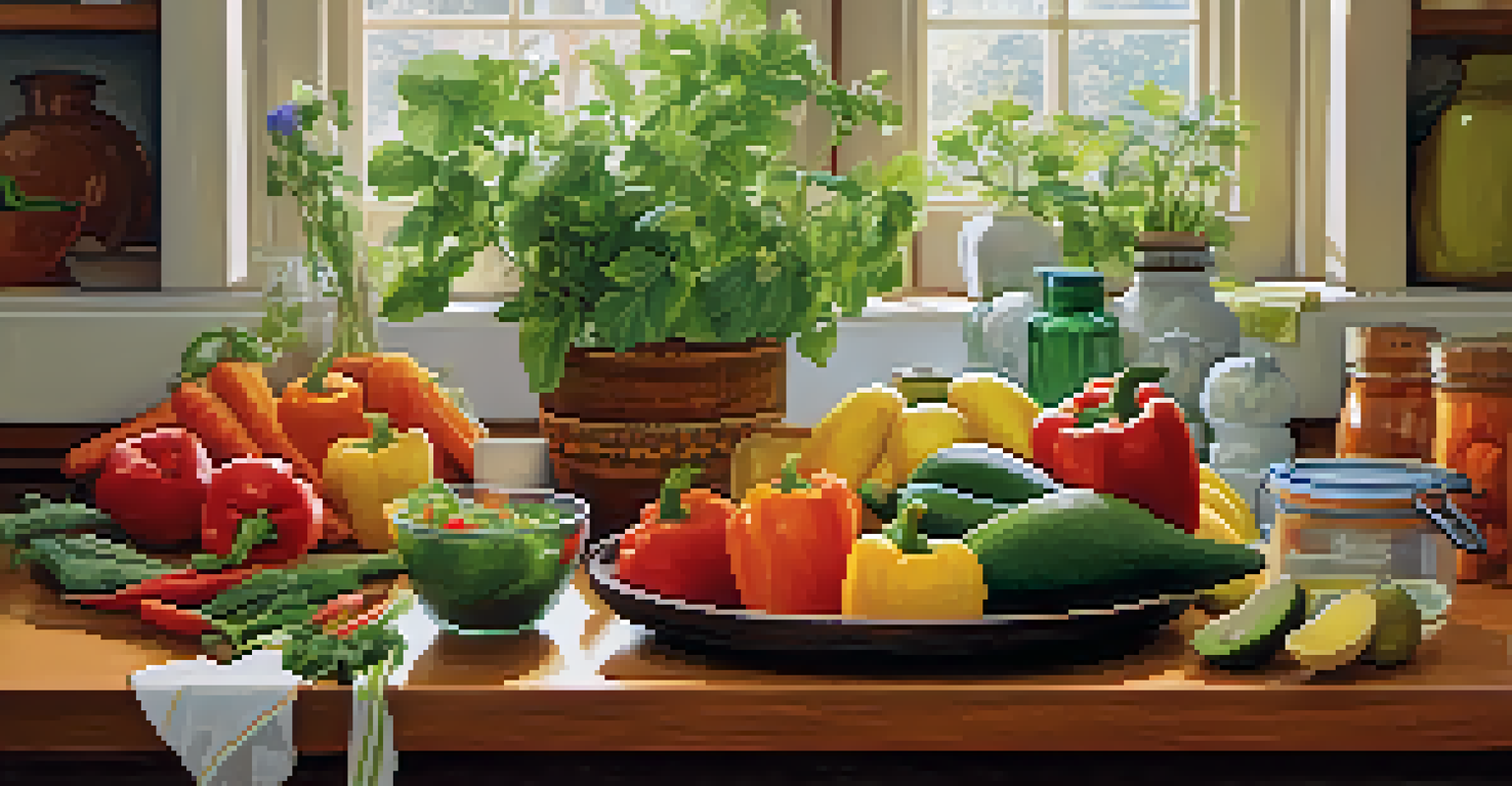 A bright kitchen countertop with a cutting board of sliced fruits and vegetables, surrounded by jars of spices and a potted herb plant.