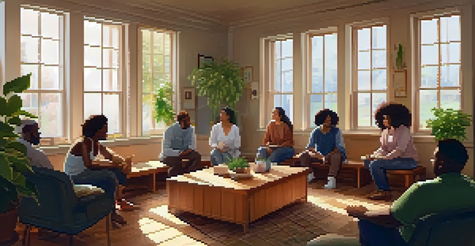 A diverse group of individuals sitting in a circle during a community support group meeting, surrounded by plants and soft lighting.