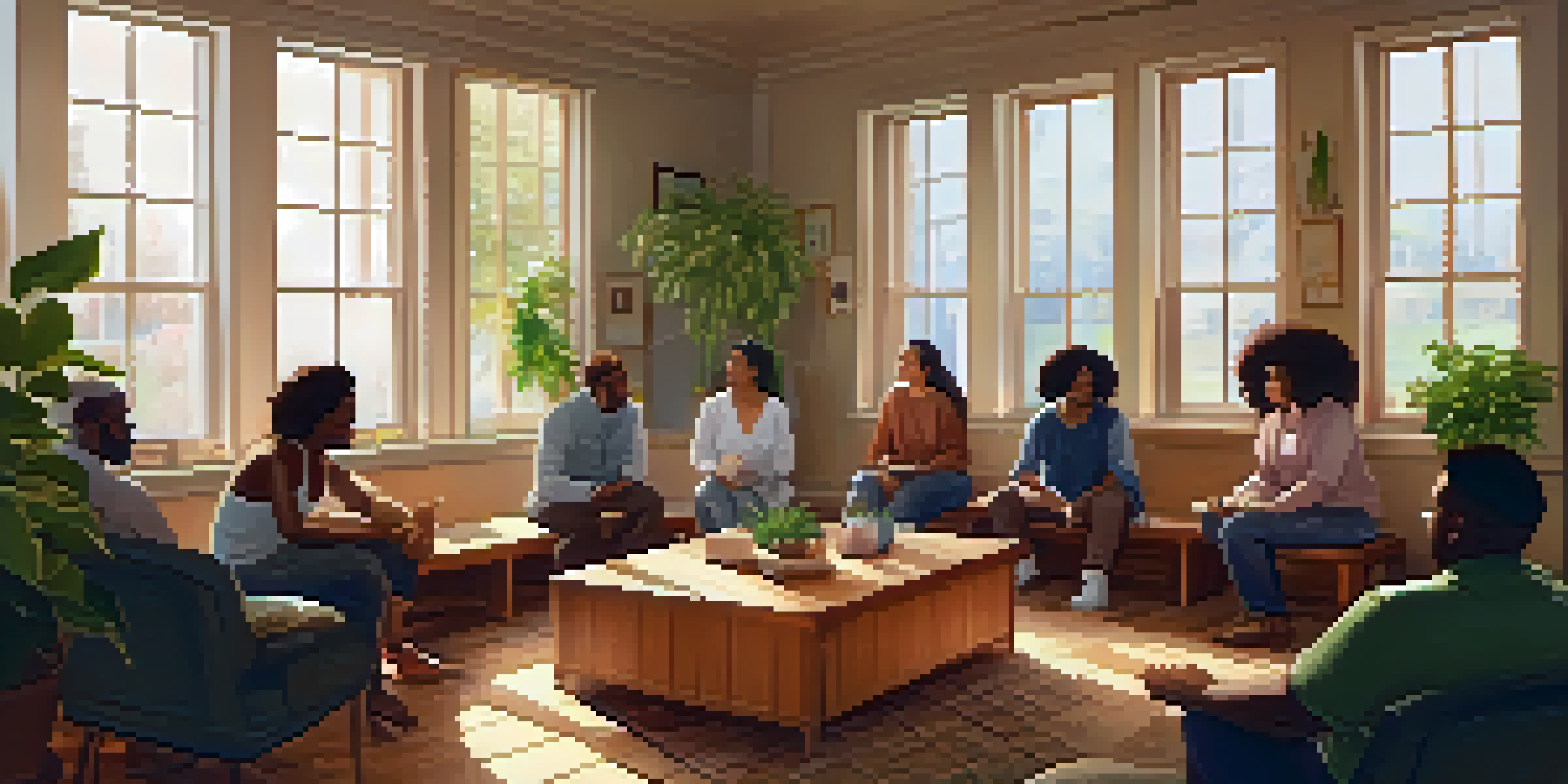 A diverse group of individuals sitting in a circle during a community support group meeting, surrounded by plants and soft lighting.