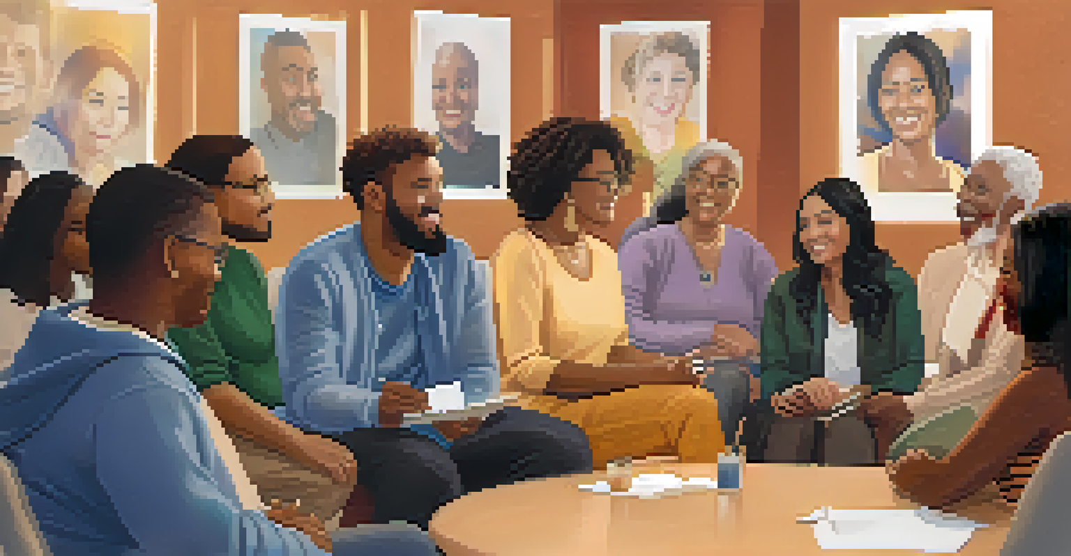 A diverse group of community members in a circle during a health workshop, sharing ideas with expressive faces and a warm setting.