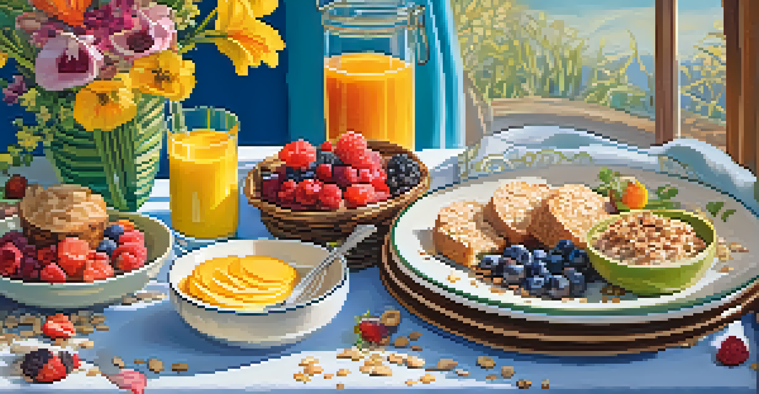 A breakfast table displaying overnight oats, a smoothie, and healthy muffins, all beautifully presented in morning light.