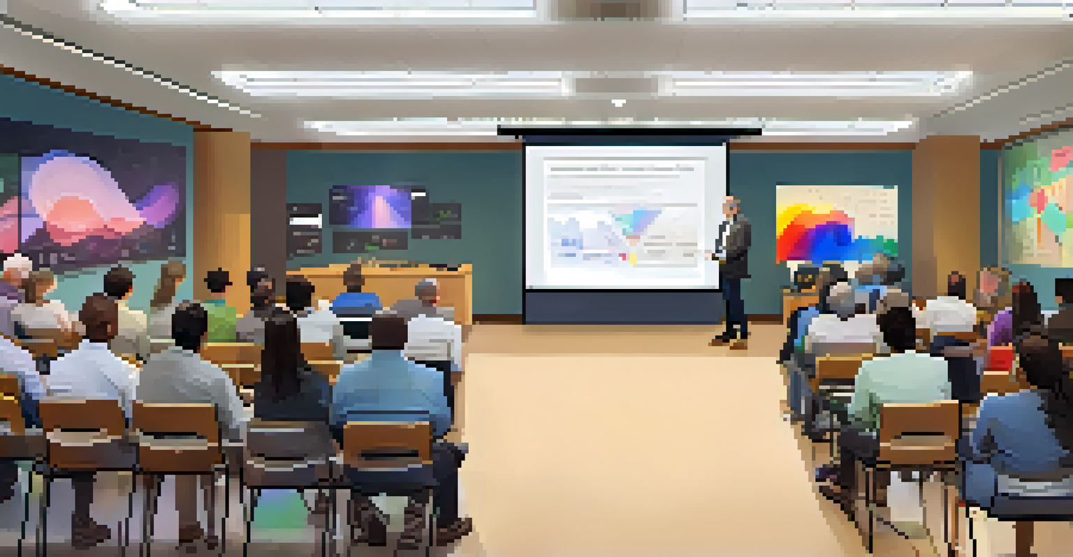 An educational workshop with a speaker presenting to an engaged audience, colorful infographics about chronic pain displayed on a projector screen.
