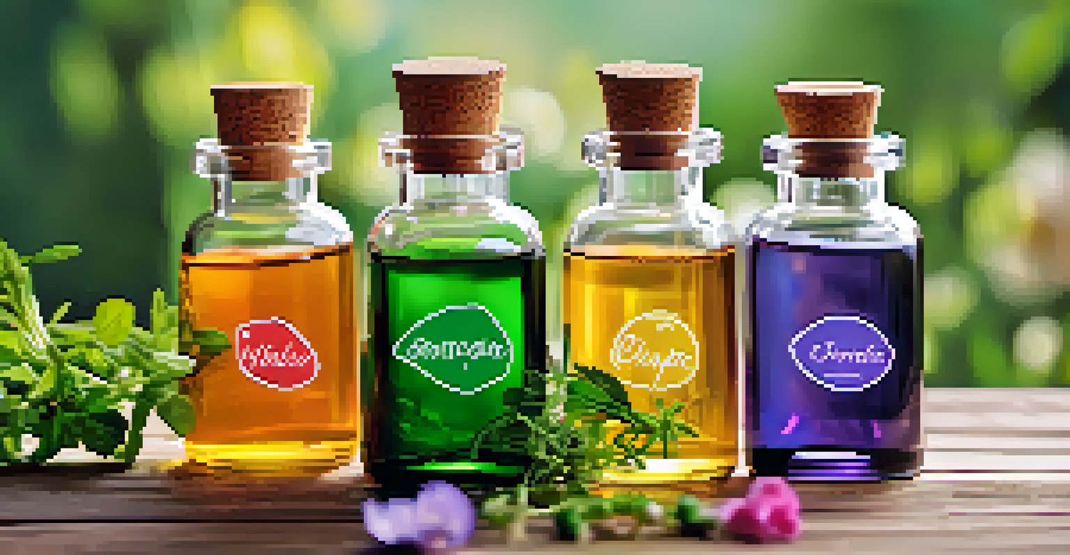 A close-up of essential oil bottles on a wooden table, surrounded by fresh herbs and colorful flowers in soft natural light.