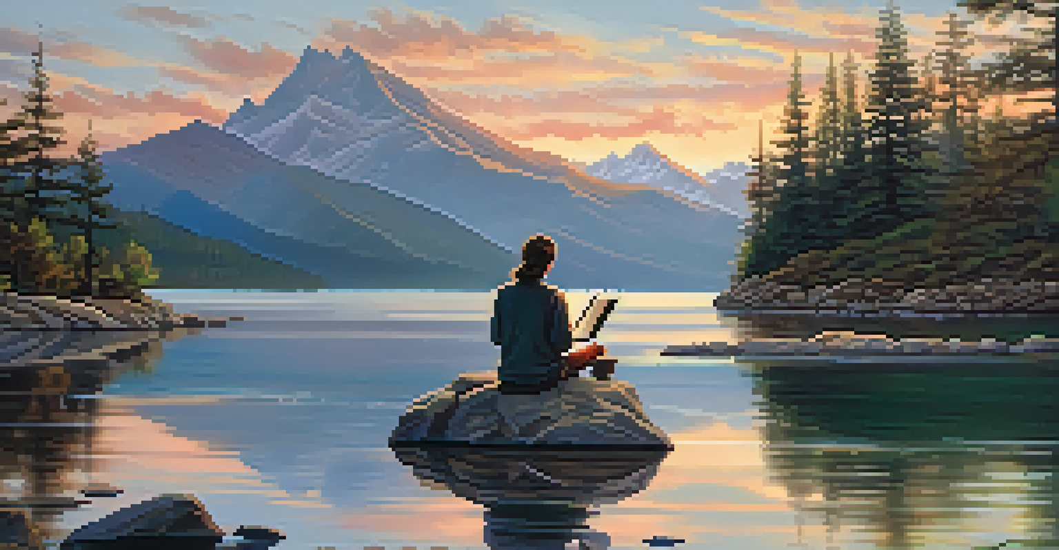 An artist sketching by a serene lake at sunset, with mountains in the background and a peaceful atmosphere.