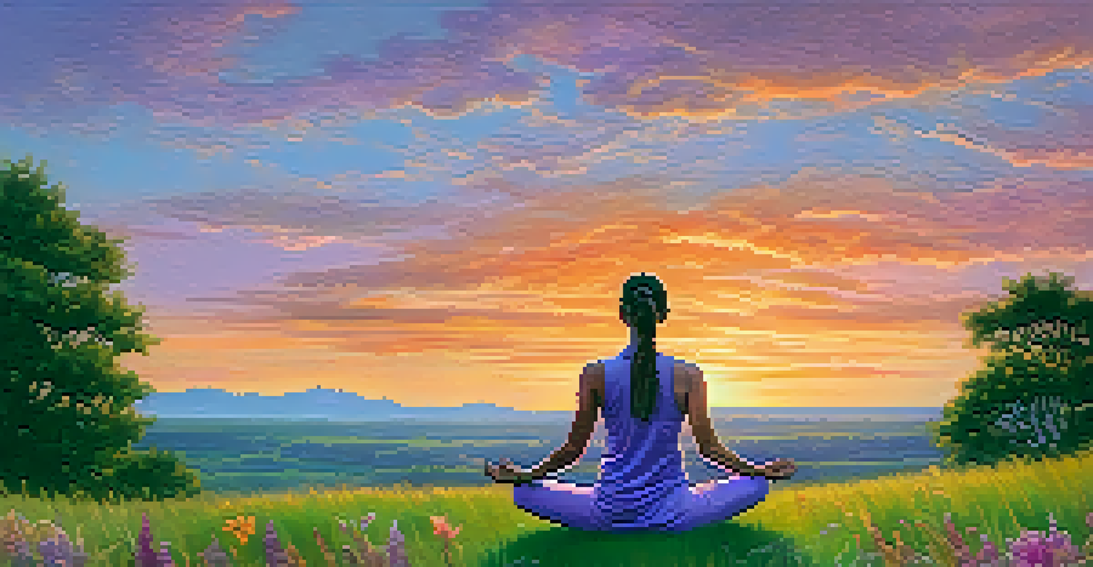 A person practicing yoga on a hilltop at sunset, surrounded by wildflowers and a colorful sky.