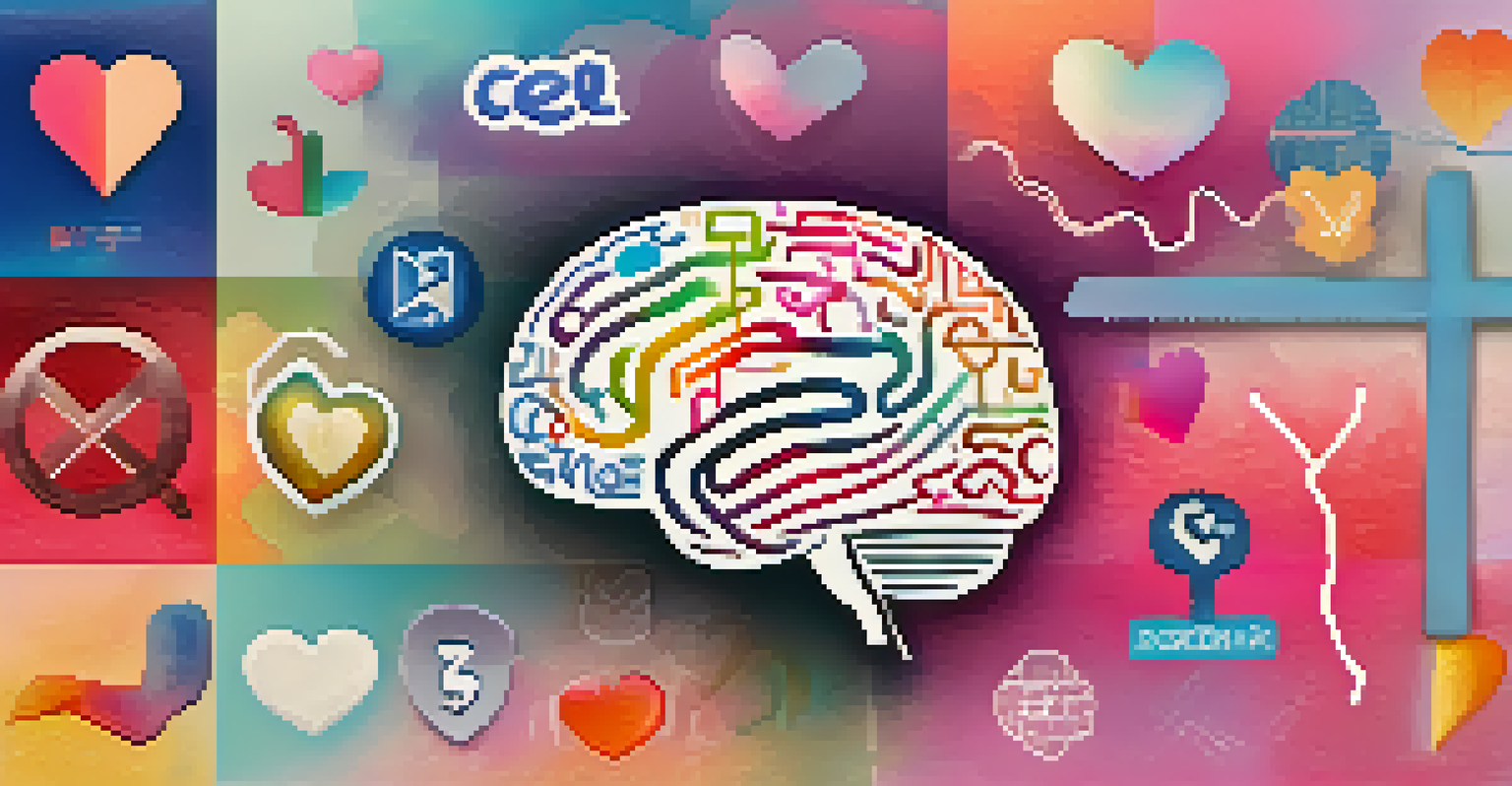 A colorful digital collage of mental health symbols and social media icons, representing awareness and support.