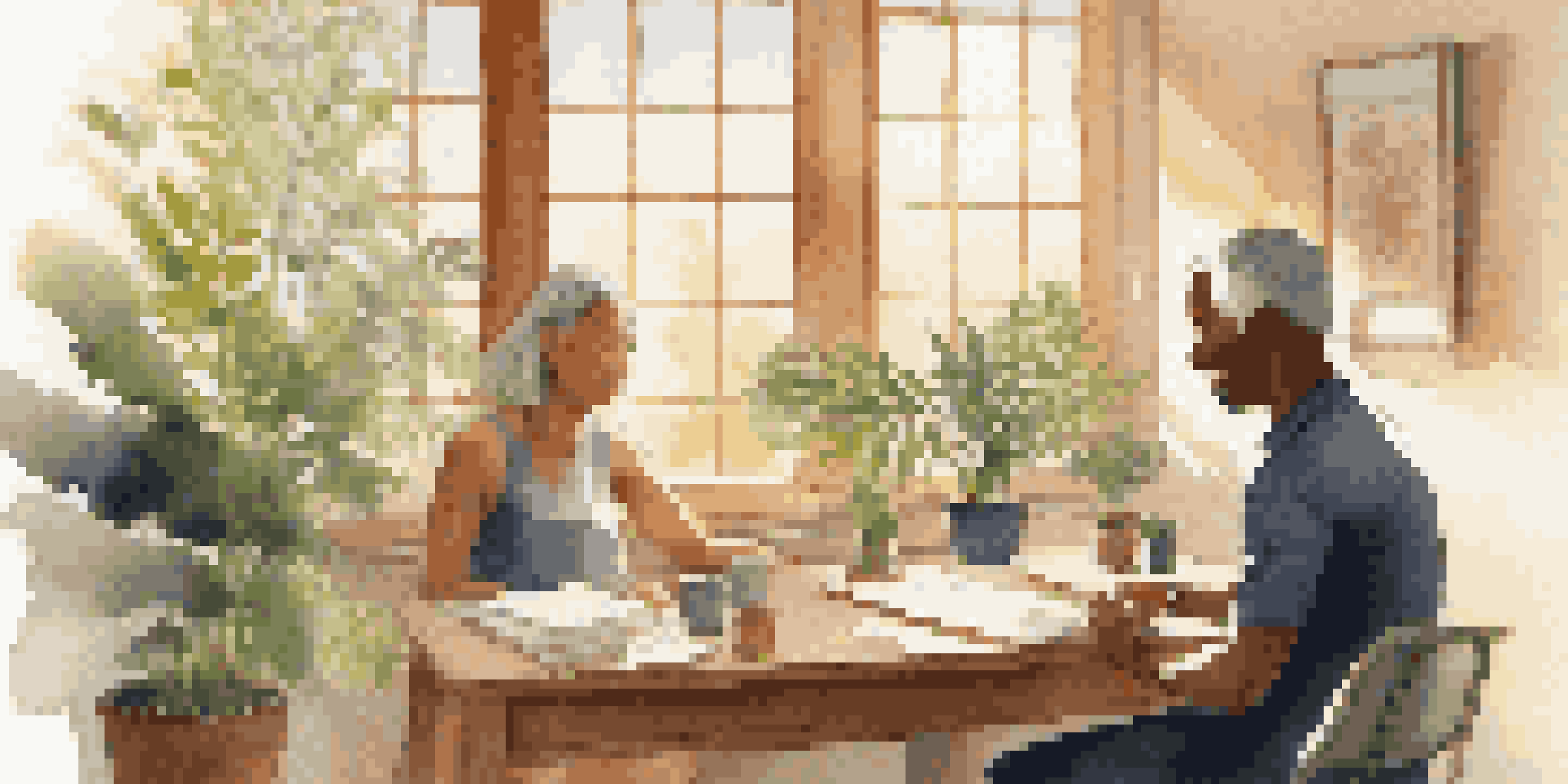 A wellness coach and a client engaged in a supportive conversation in a bright, plant-filled room.