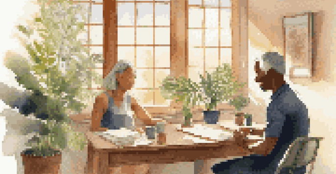 A wellness coach and a client engaged in a supportive conversation in a bright, plant-filled room.