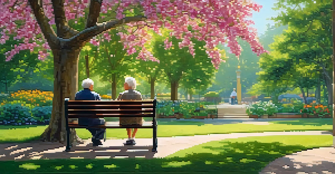 An elderly couple sitting on a park bench, having a joyful conversation surrounded by greenery and flowers.