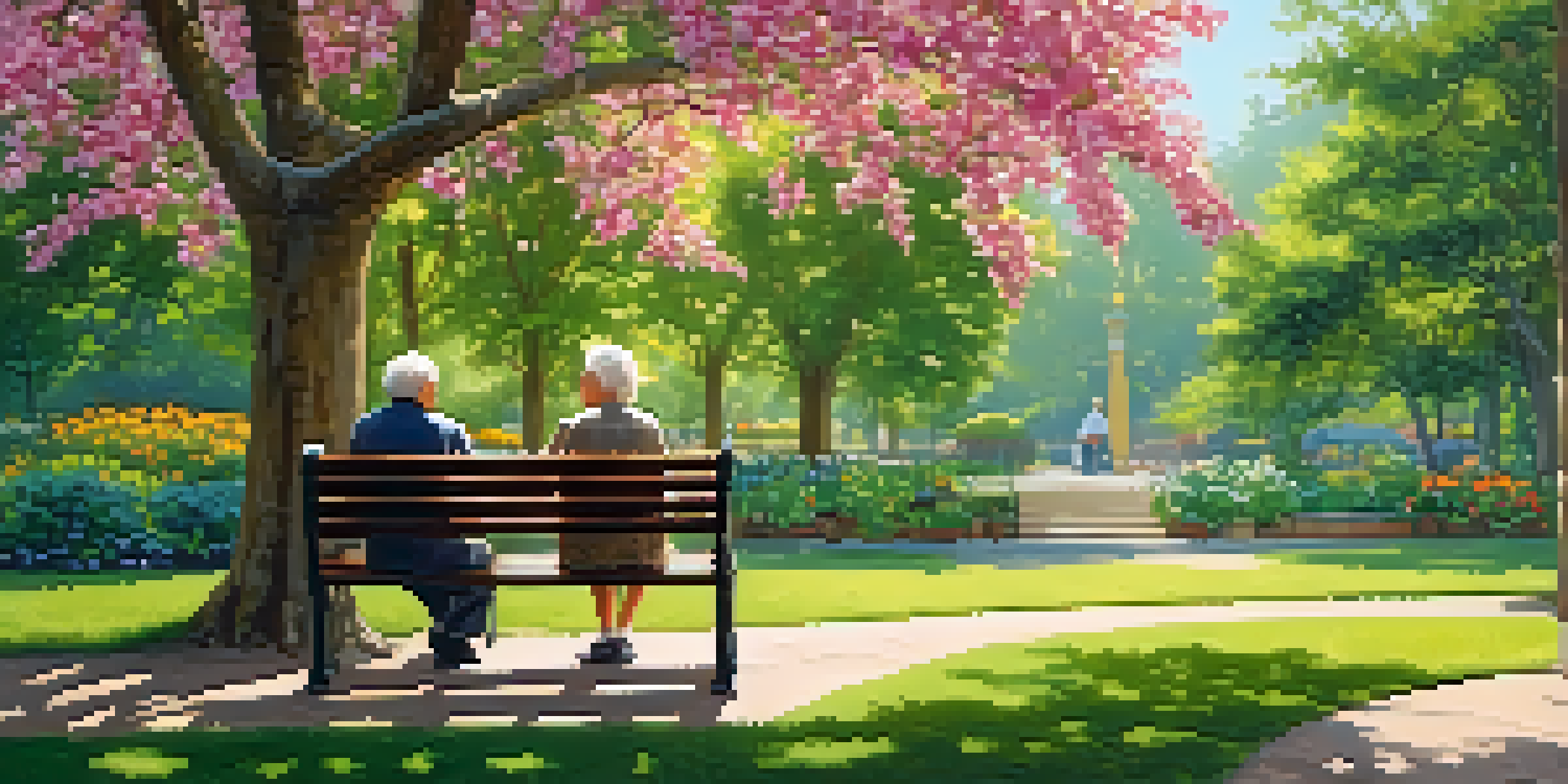 An elderly couple sitting on a park bench, having a joyful conversation surrounded by greenery and flowers.