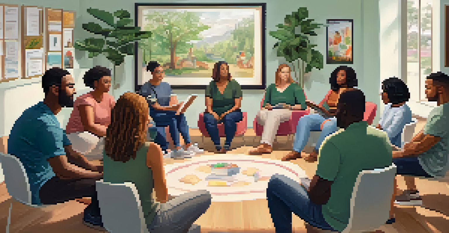 A group therapy session focused on emotional eating, with diverse individuals sharing their experiences in a supportive environment.