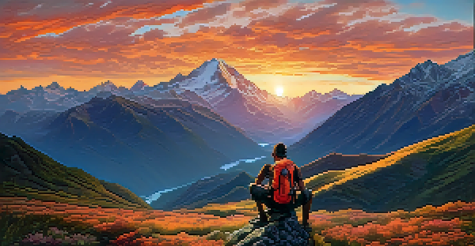 A hiker in the Andes mountains at sunrise, with colorful skies and lush green valleys.