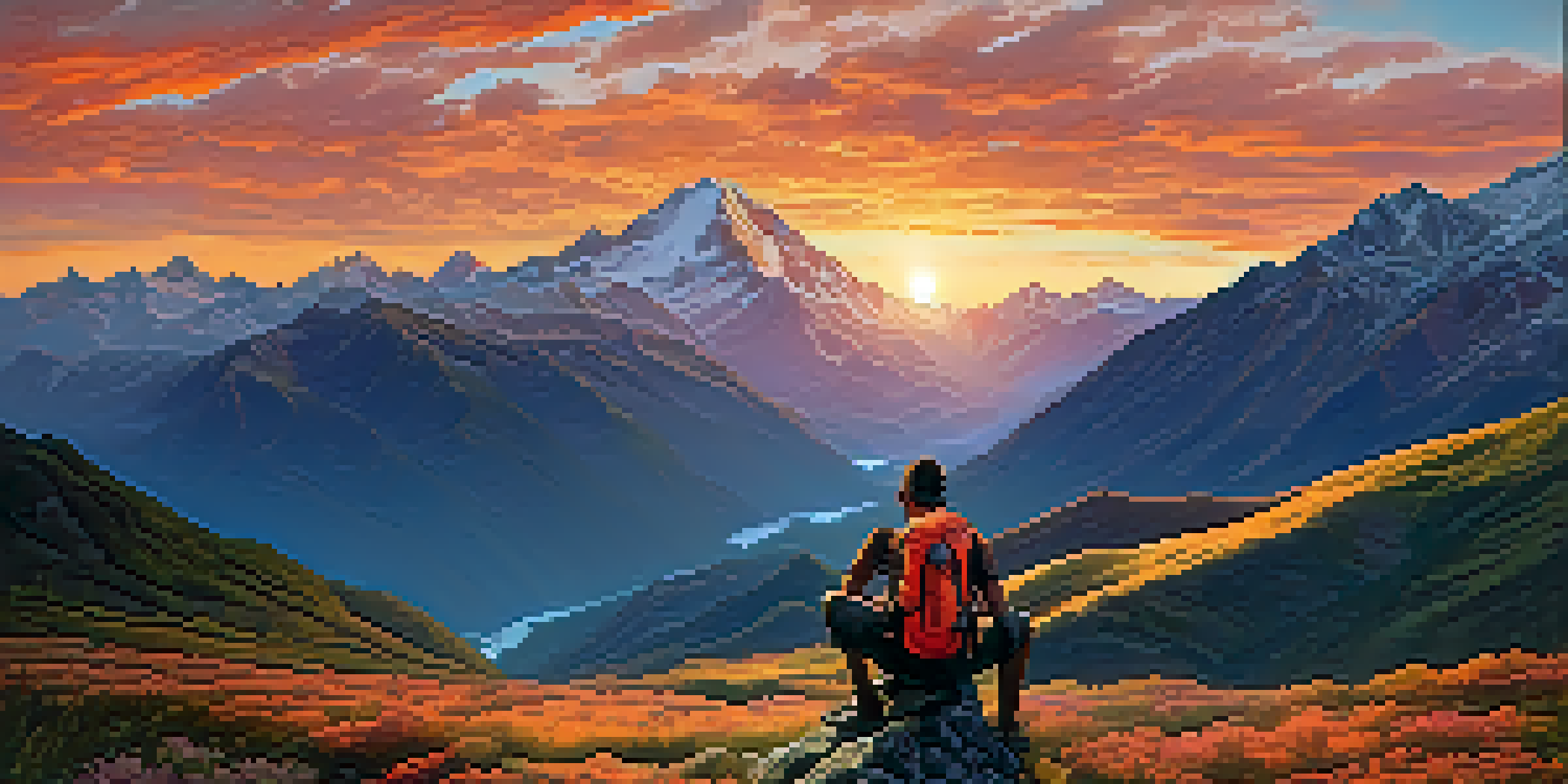 A hiker in the Andes mountains at sunrise, with colorful skies and lush green valleys.