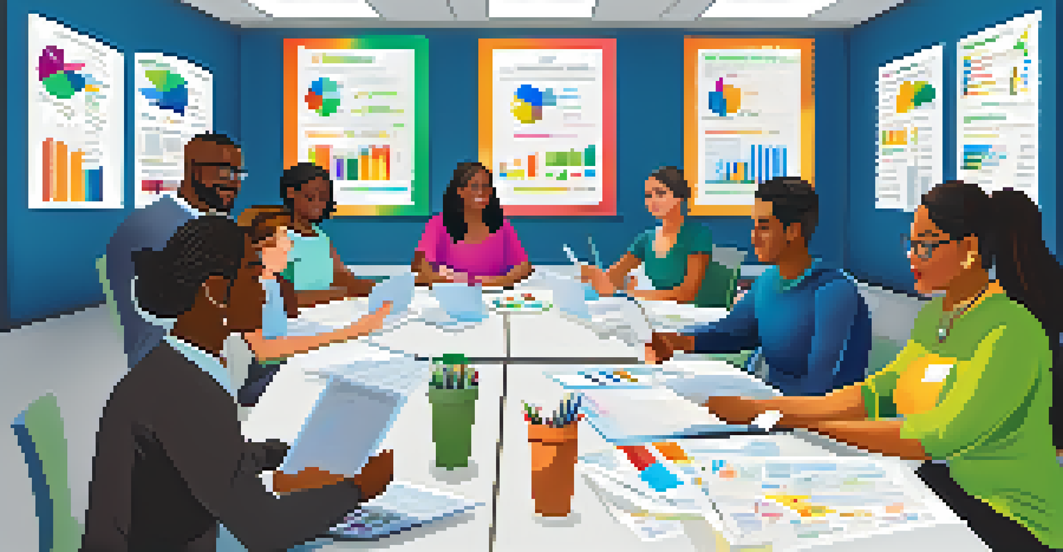 A diverse group of people in a financial literacy workshop, engaging with a facilitator and using laptops and worksheets in a bright room.