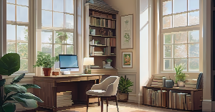 A cozy home office with natural light, a desk with a laptop, and a bookshelf filled with financial books.