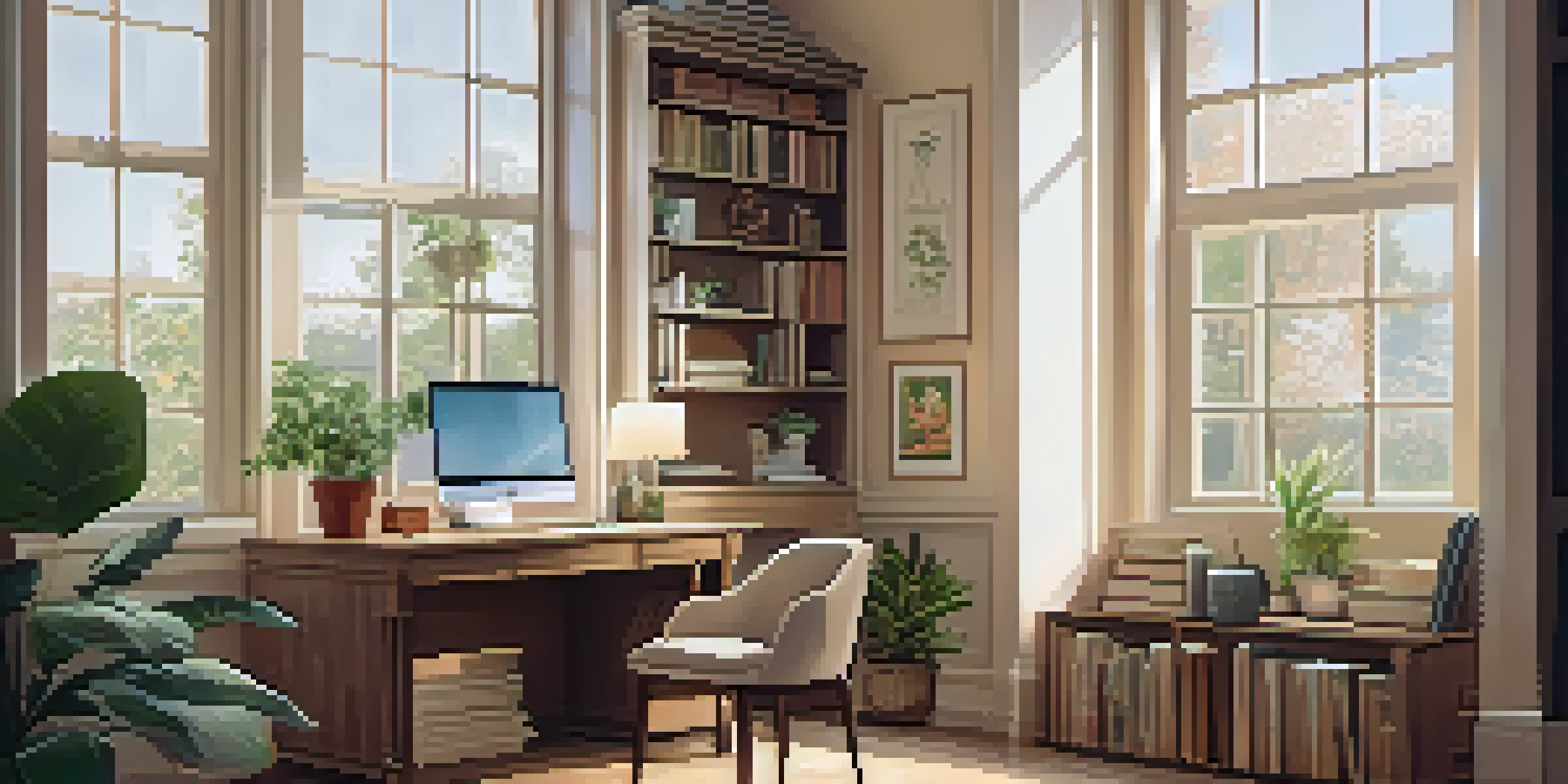 A cozy home office with natural light, a desk with a laptop, and a bookshelf filled with financial books.