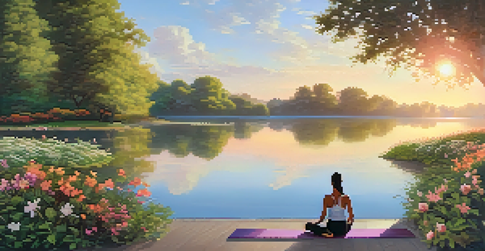 A peaceful lake at sunrise with a person practicing yoga on a mat surrounded by greenery and flowers.