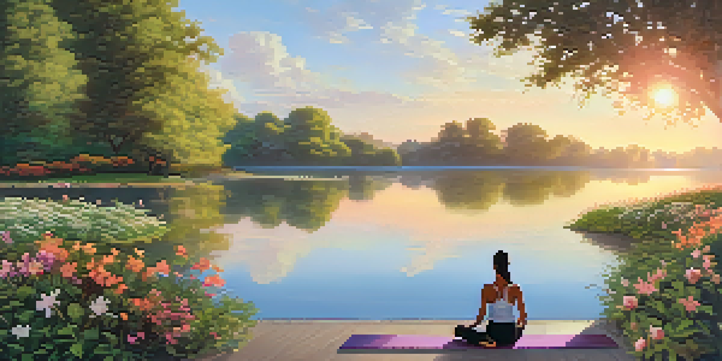 A peaceful lake at sunrise with a person practicing yoga on a mat surrounded by greenery and flowers.