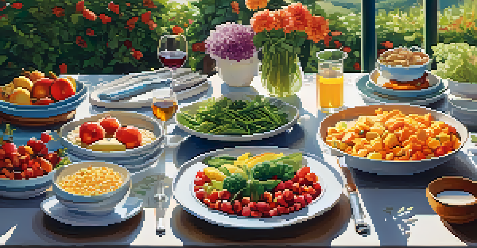 An outdoor dining table with beautifully arranged allergen-free dishes, featuring colorful vegetables and fruits, under soft afternoon sunlight.