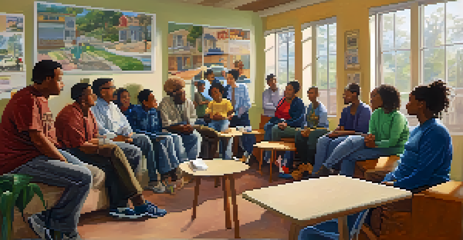 Residents attending a community safety meeting in a warm room, discussing safety strategies with informative posters on the walls.