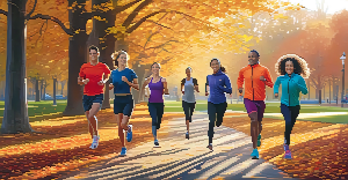 A group of diverse individuals jogging in a park at sunrise, surrounded by colorful autumn leaves.