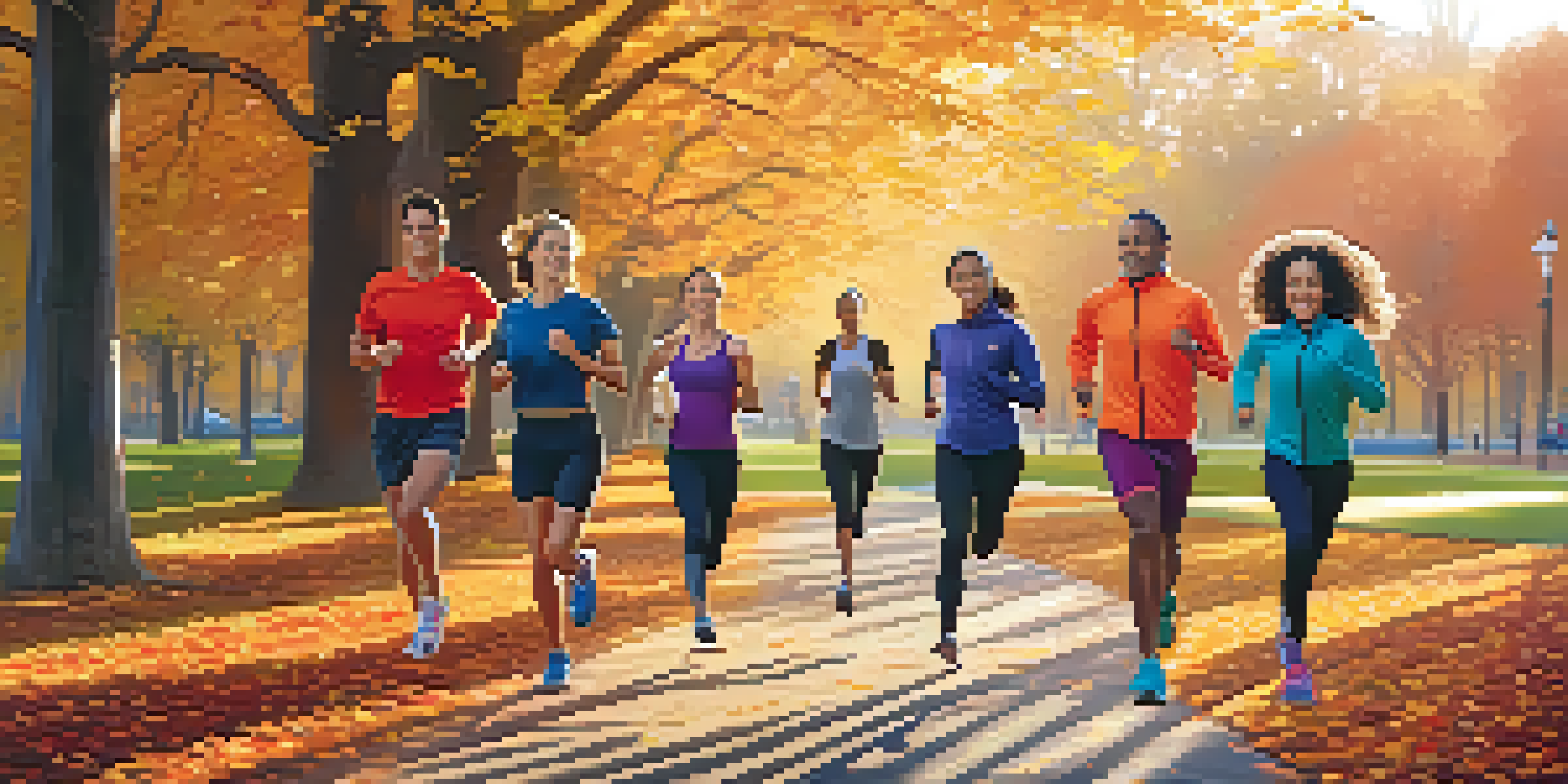 A group of diverse individuals jogging in a park at sunrise, surrounded by colorful autumn leaves.