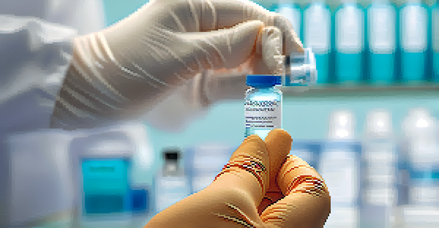 Close-up of a vaccine vial held by a healthcare worker in a vaccination clinic, highlighting the vial's details.