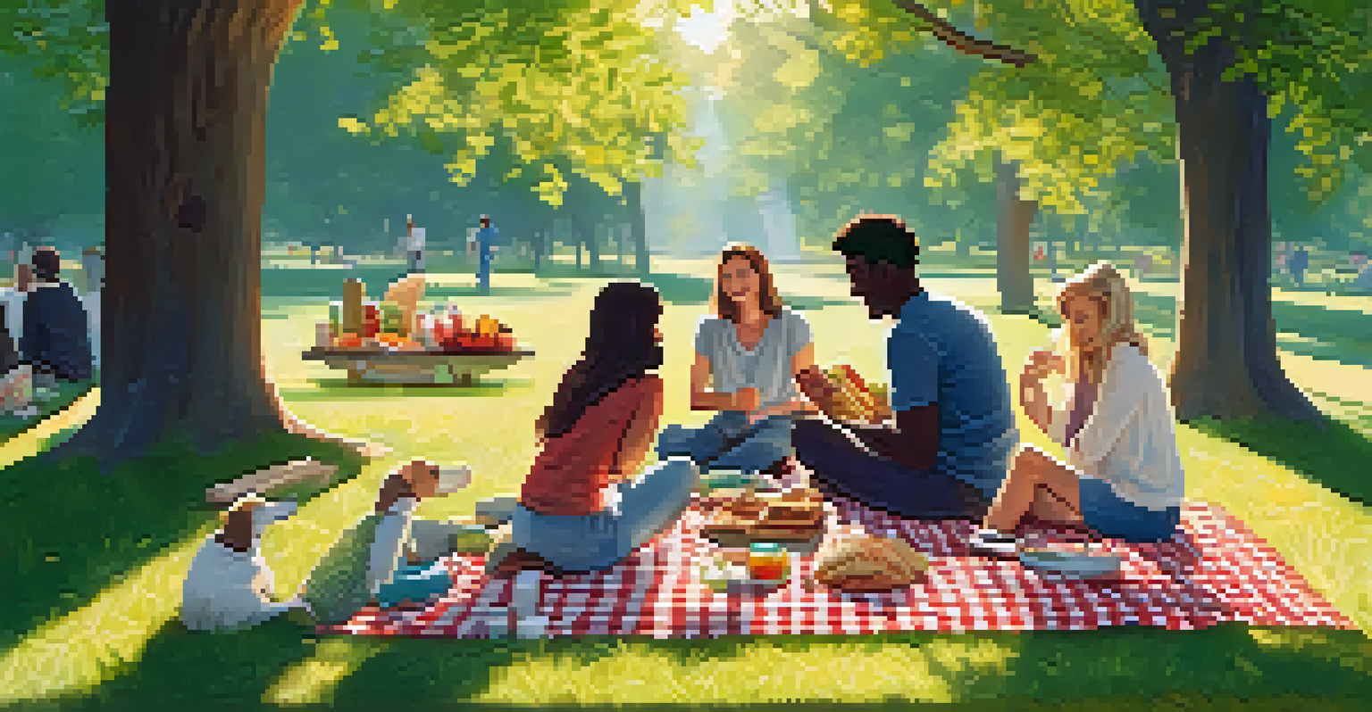 A group of friends having a picnic in a park, with allergen-free foods displayed on a blanket.