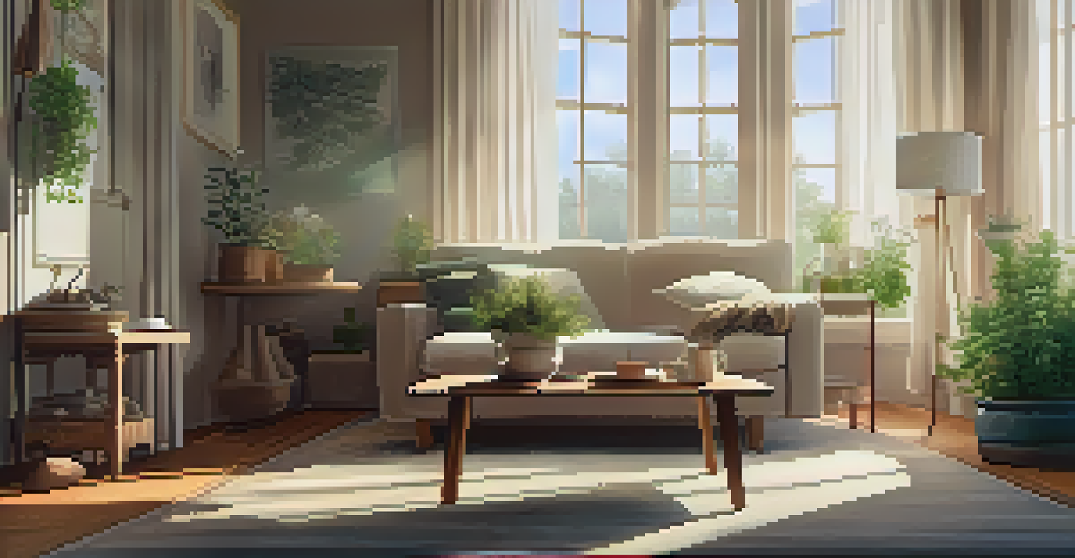 An inviting living room with a couch, blanket, and a cup of herbal tea, bathed in soft sunlight.