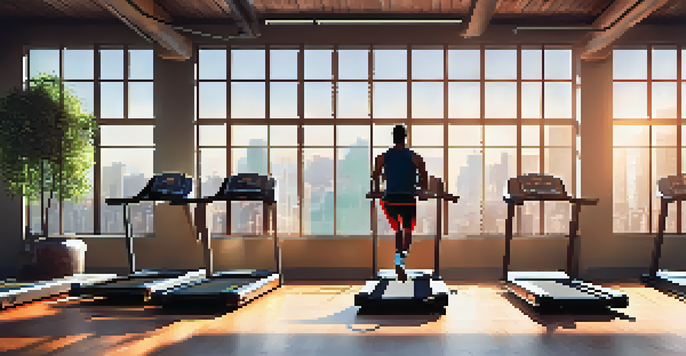 A person performing a burpee in a bright urban gym, surrounded by gym equipment and sunlight streaming through a window.