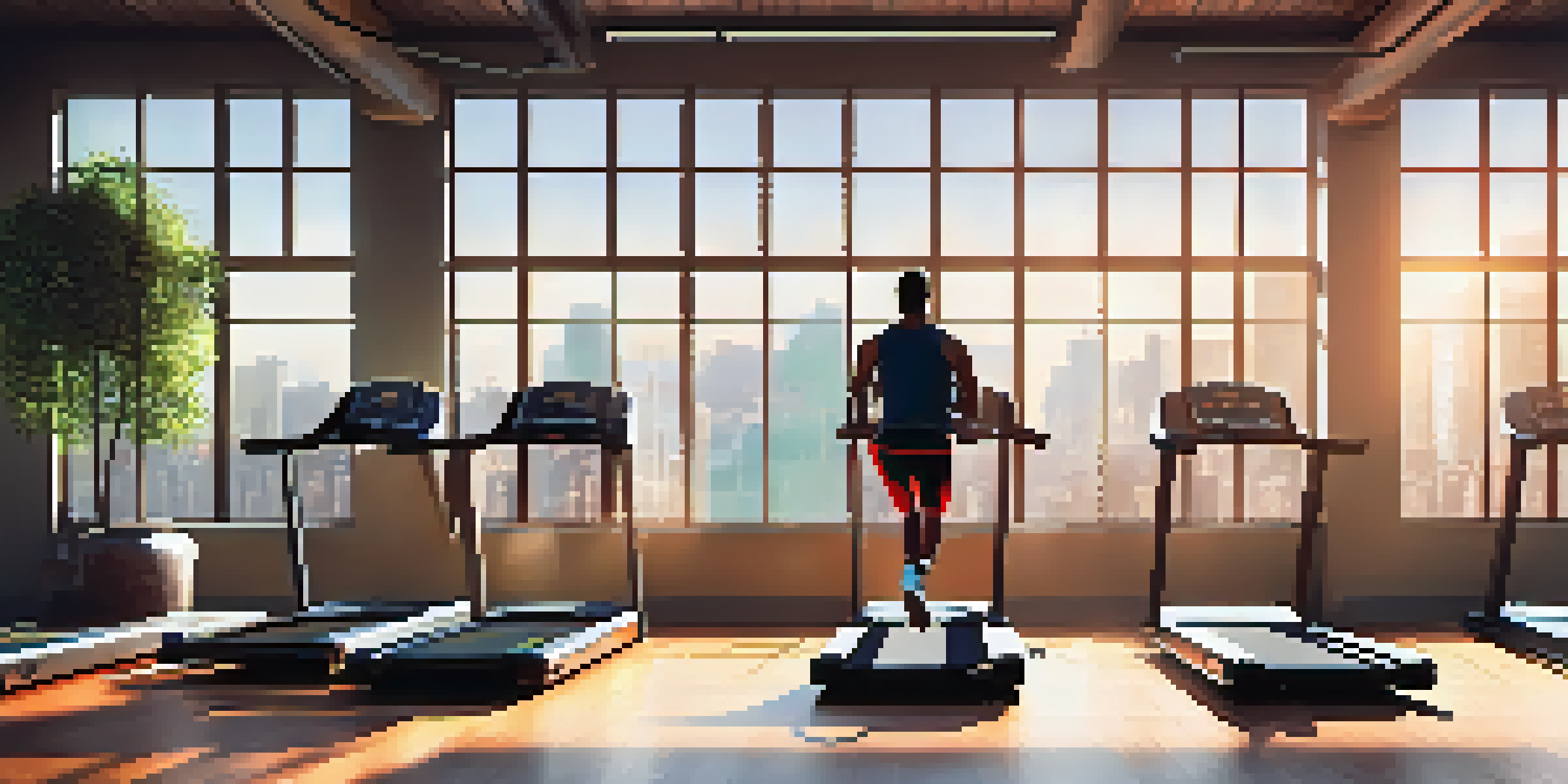 A person performing a burpee in a bright urban gym, surrounded by gym equipment and sunlight streaming through a window.