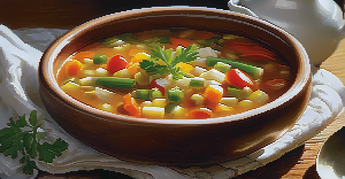A bowl of colorful vegetable soup with steam rising, garnished with herbs, next to a slice of whole-grain bread, in a sunlit kitchen.