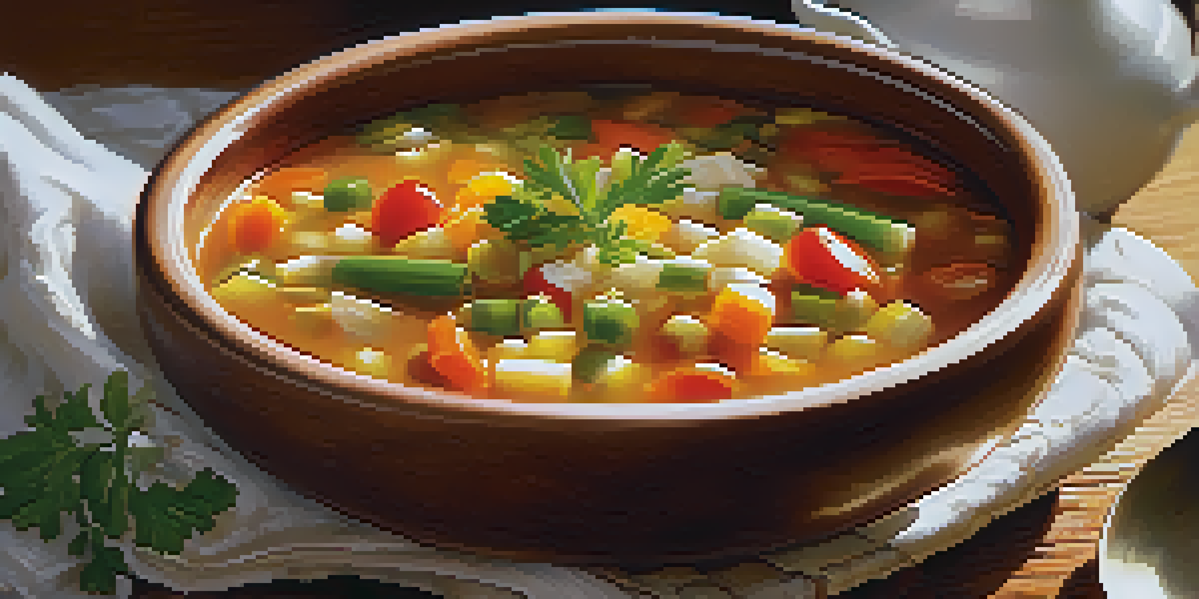 A bowl of colorful vegetable soup with steam rising, garnished with herbs, next to a slice of whole-grain bread, in a sunlit kitchen.